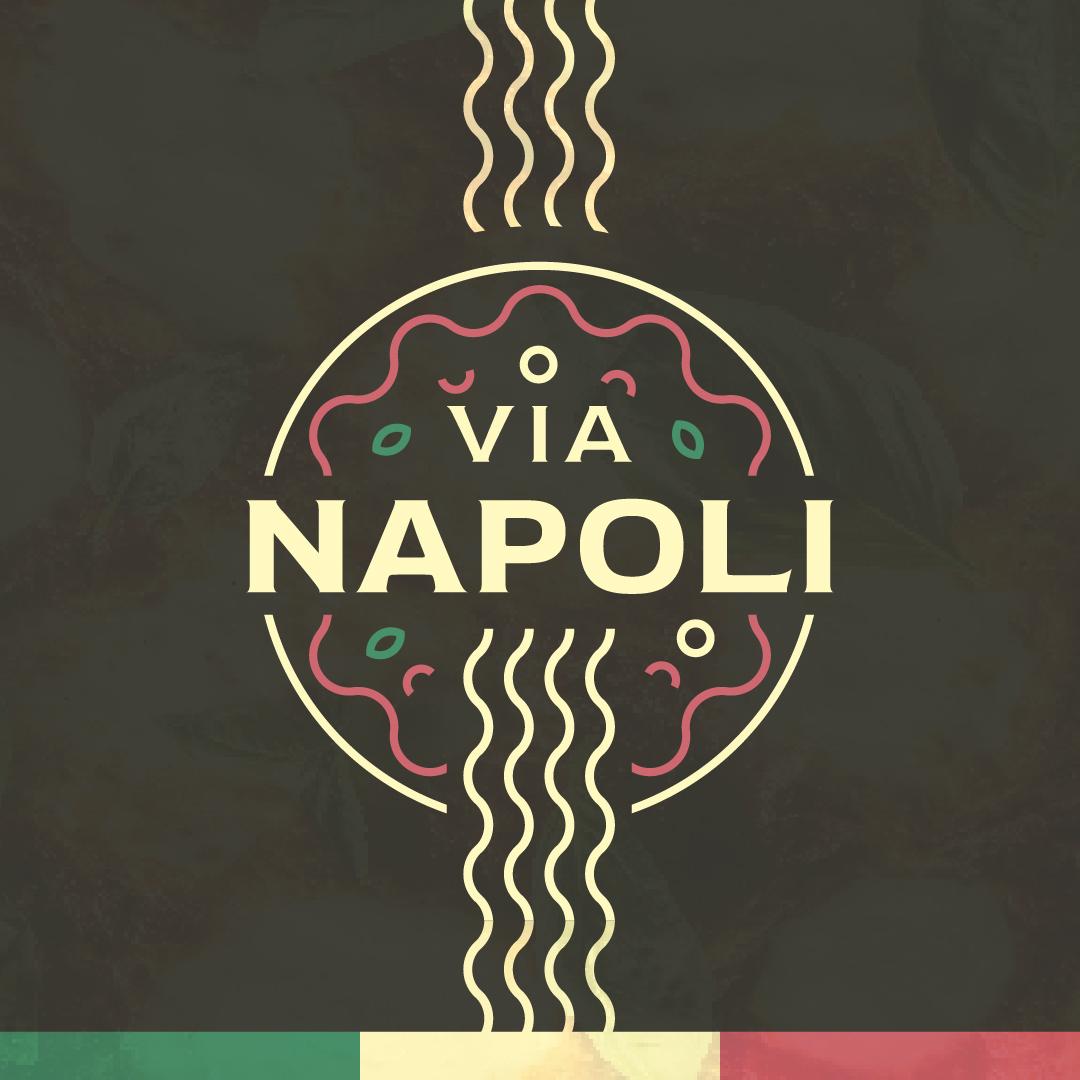 Logo Vía Napoli con colores de la bandera italiana sobre fondo oscuro
